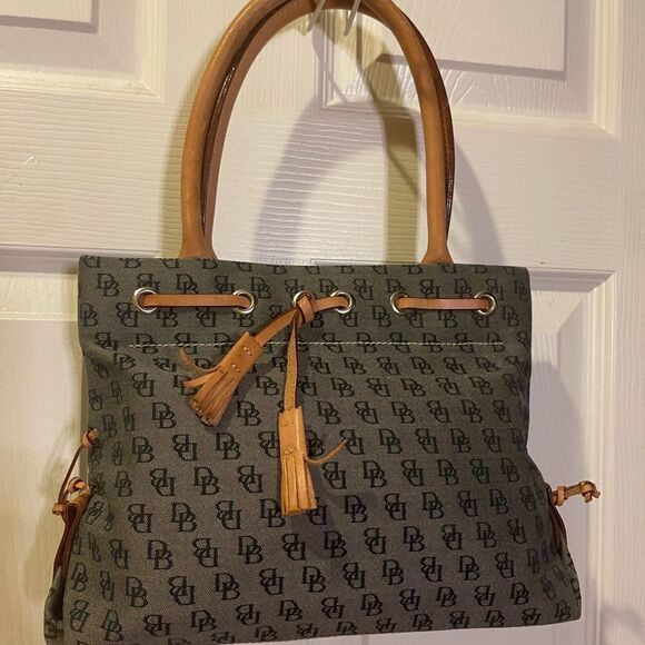 Dooney & Bourke small gray canvas logo tan leather straps and tassels.satchel. - Picture 3 of 12